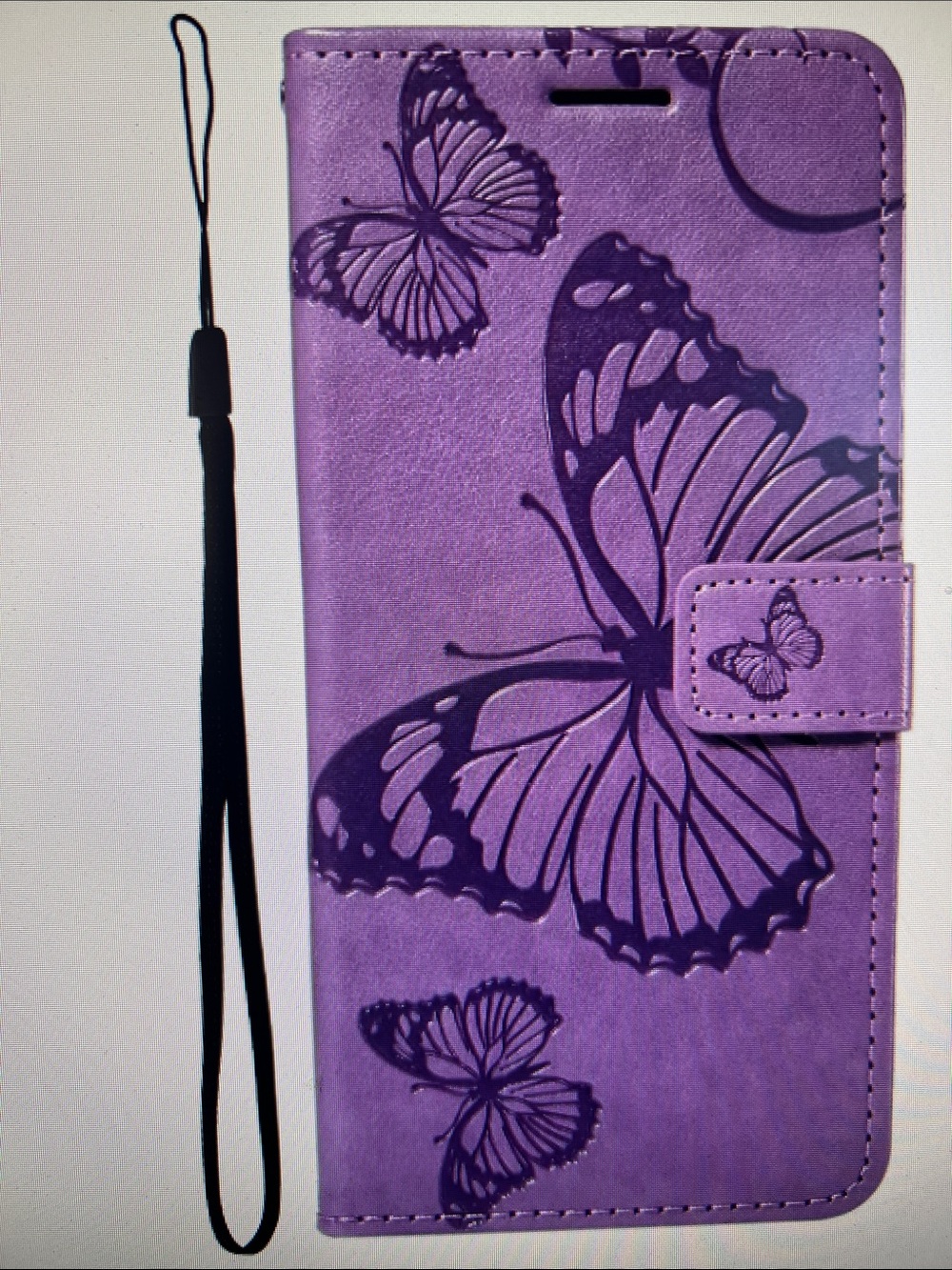 iPhone 16 Pro Max Purple Butterfly Wallet Phone Case with Wrist Strap